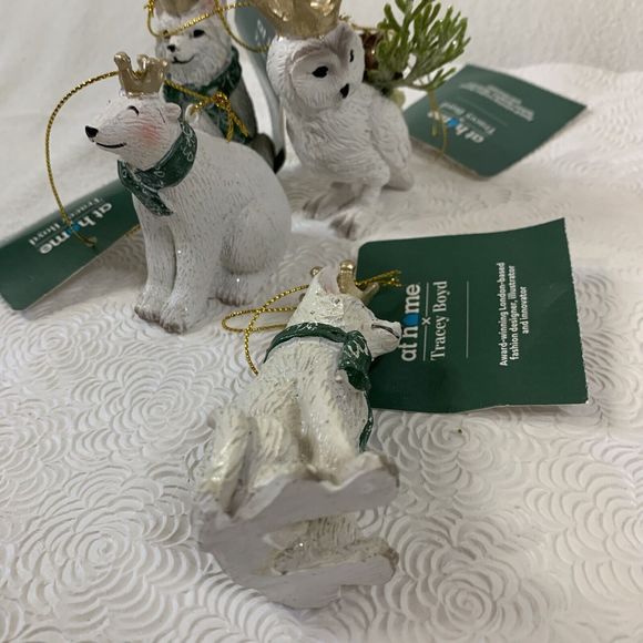 5 Christmas Tree Ornaments Fox Bear Owl with Crowns Ceramic White Green Gold Lot - Picture 14 of 16